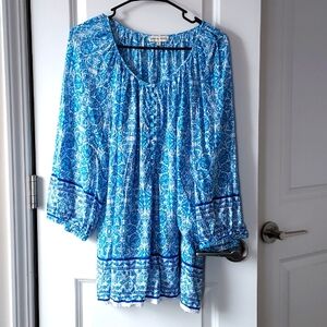 Adrienne Vittadini button up long sleeve top 2x blue white green